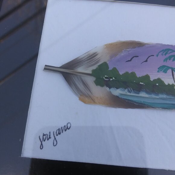 Vintage framed under glass painted feather artist sign from Costa Rica sail boat - Picture 6 of 15